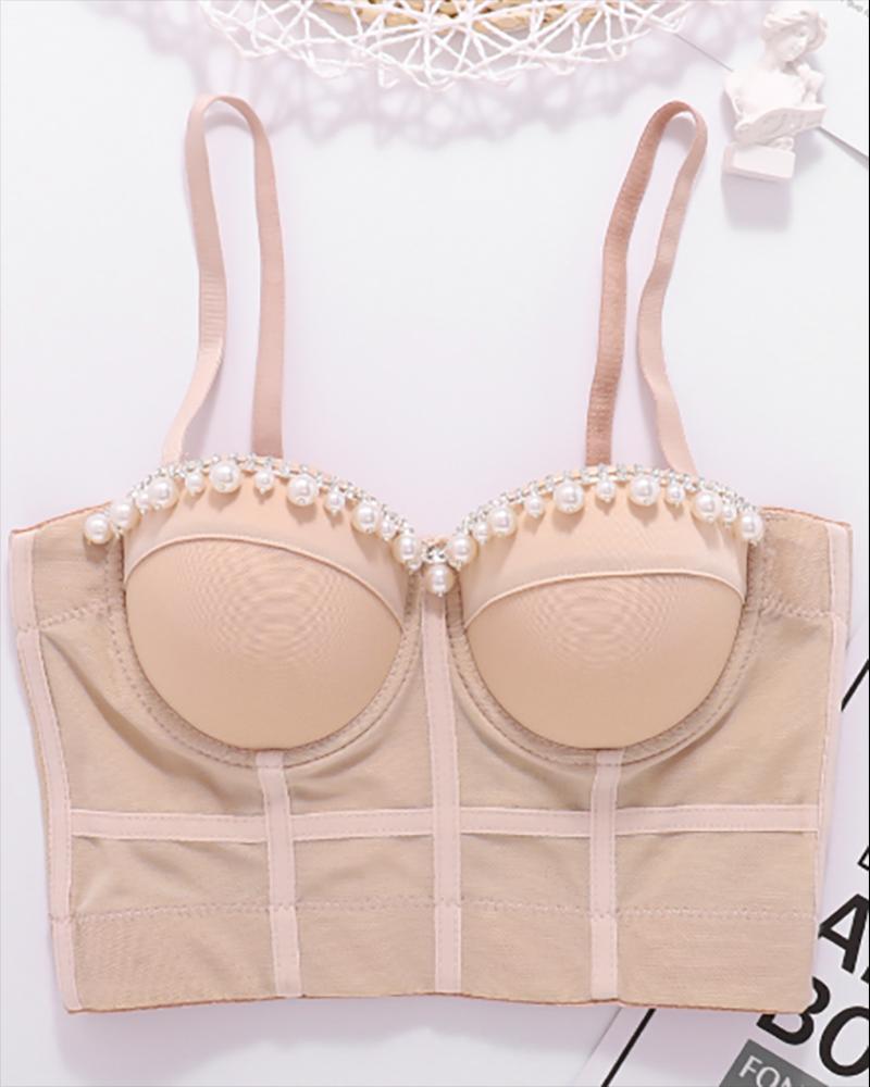 

Beaded Sleeveless V Neck Corset Crop Top, Nude