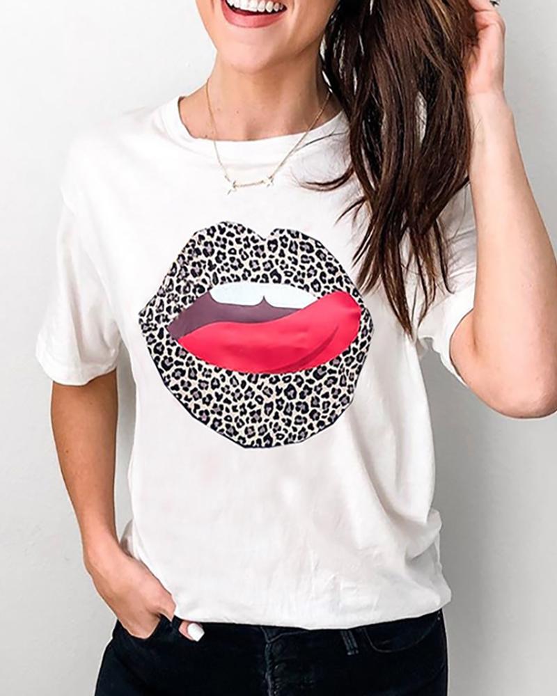 

Lip Leopard Print Short Sleeve T-shirt, White