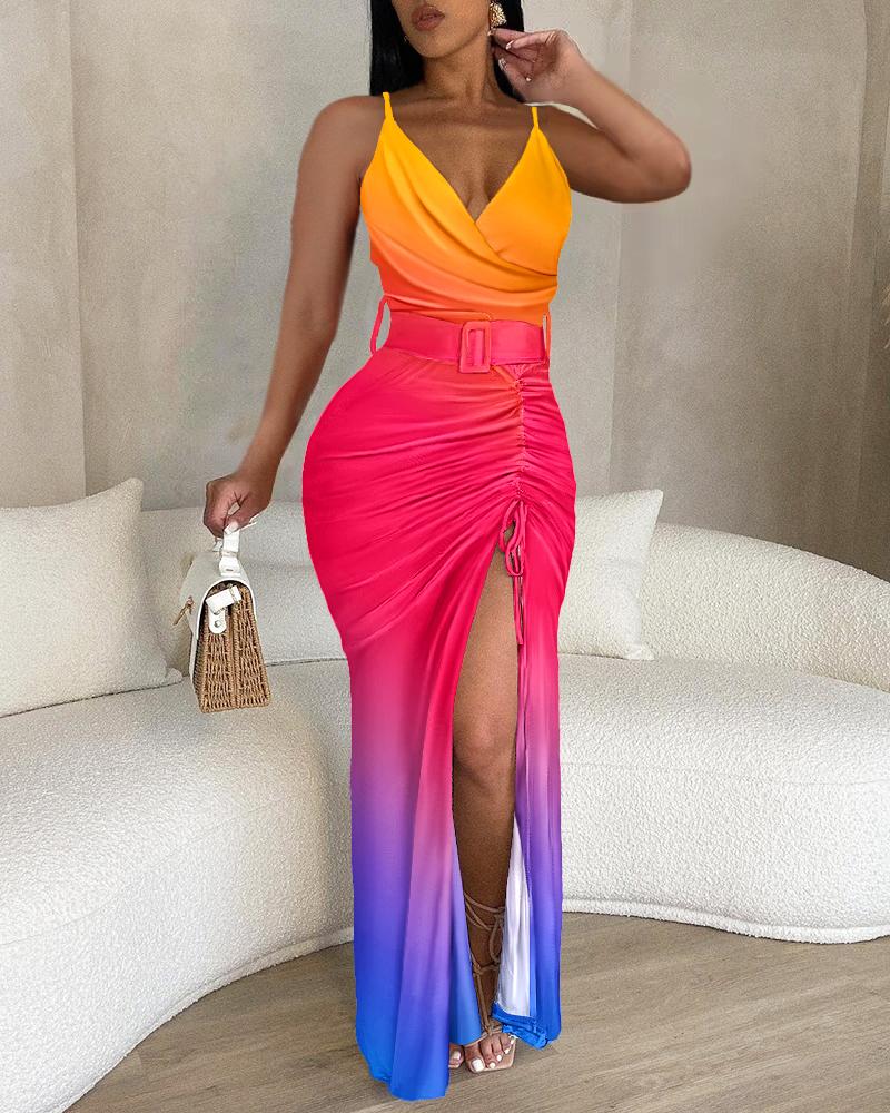 

Ombre Tie Dye Print High Slit Drawstring Maxi Dress, Multicolor