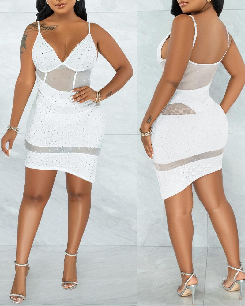 

Rhinestone Decor Contrast Mesh Bodycon Dress, White