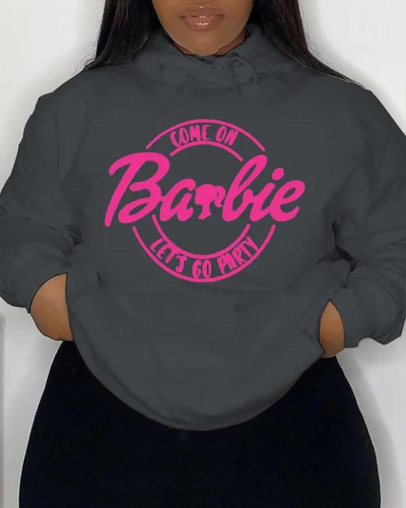 

Plus Size Come On Barbie Let's Go Party Print Drawstring Sweatshirt, Gray