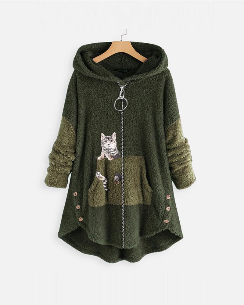 

Plus Size Cat Print Long Sleeve Hooded Zip Up Teddy Coat, Green