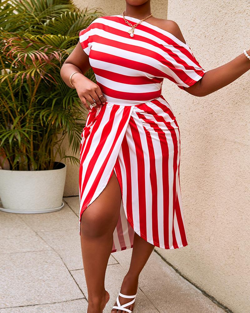 

Plus Size Cold Shoulder Striped Print Ruched Casual Dress, Red
