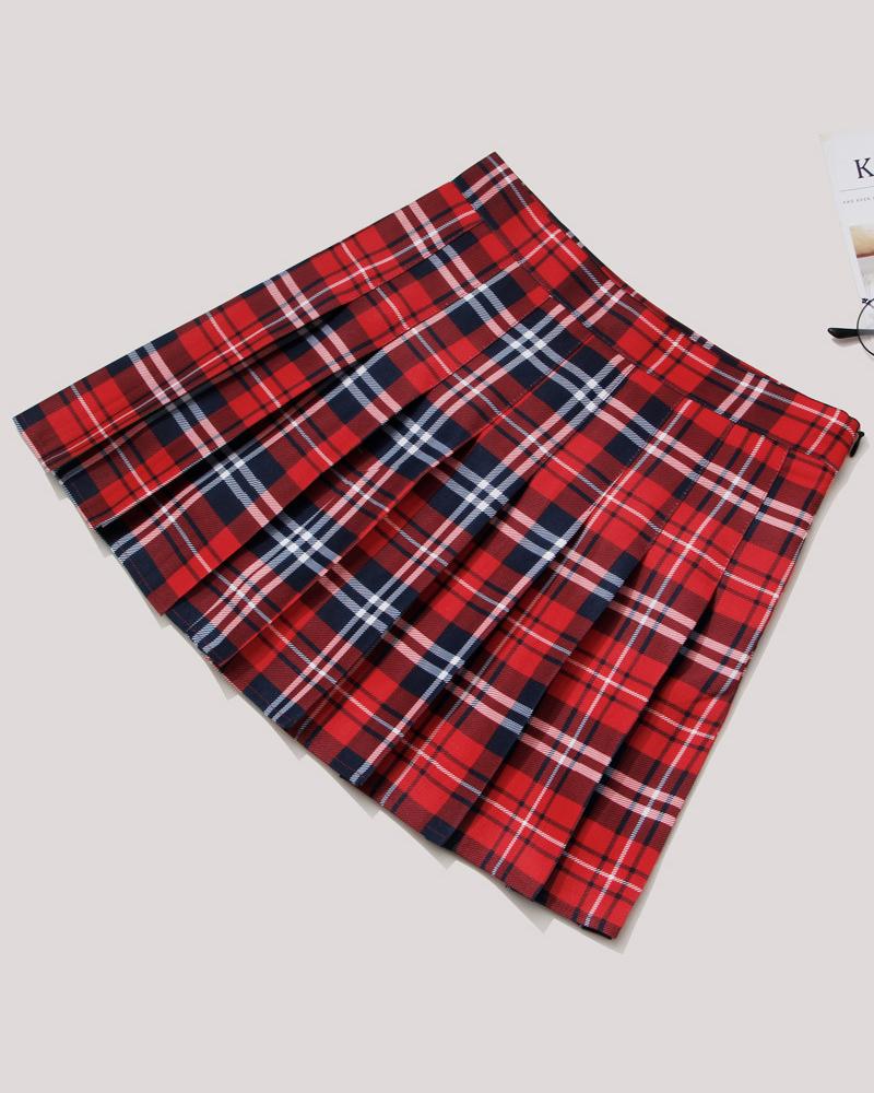 

High Waist Plaid Print Pleated Skirt, Style2