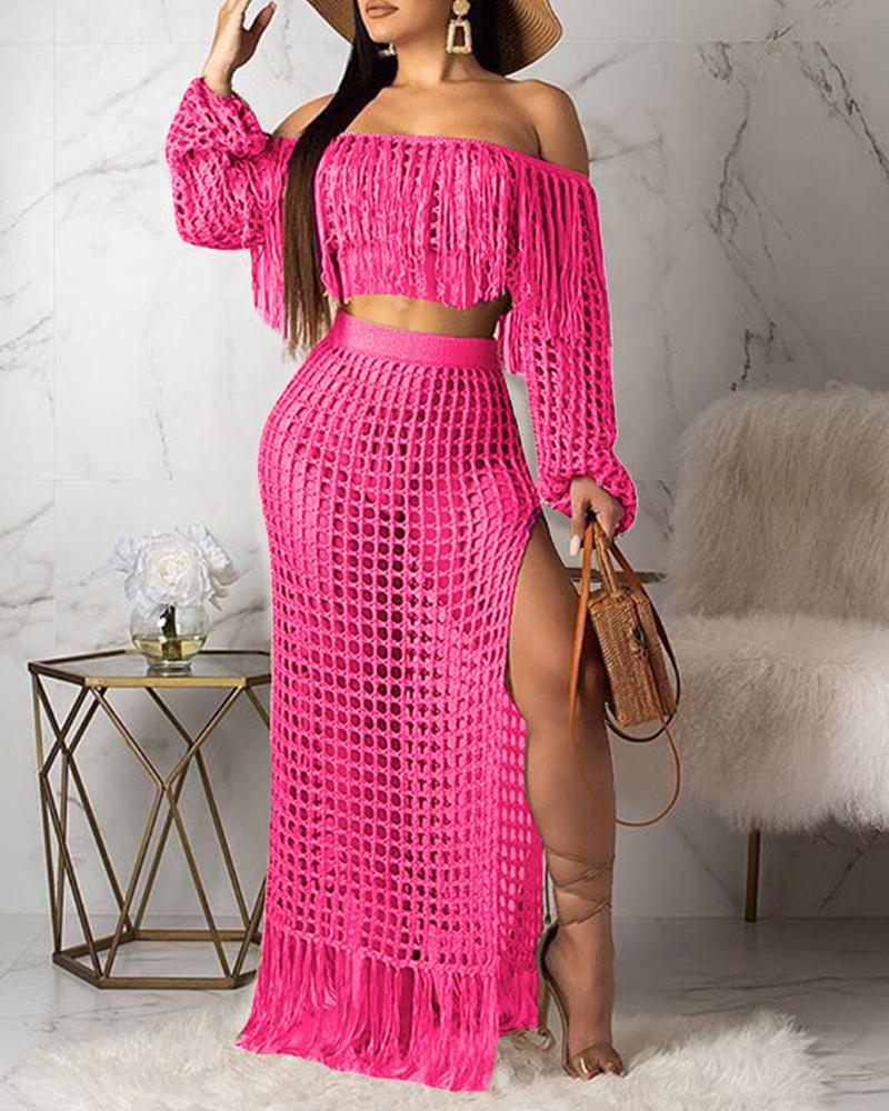 

Crochet Casual Mesh Tassel Beach Top & Skirt Sets Swimwear Cover-ups, Pink