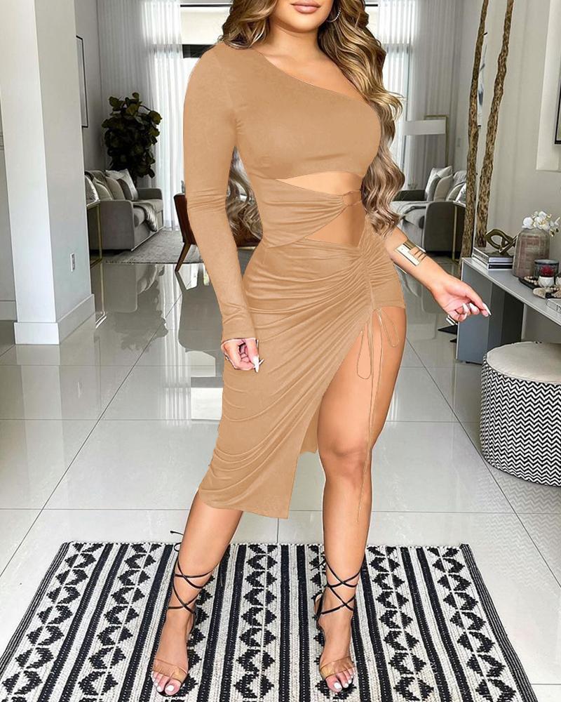 

One Shoulder Drawstring Ruched Cutout Slit Bodycon Dress, Khaki