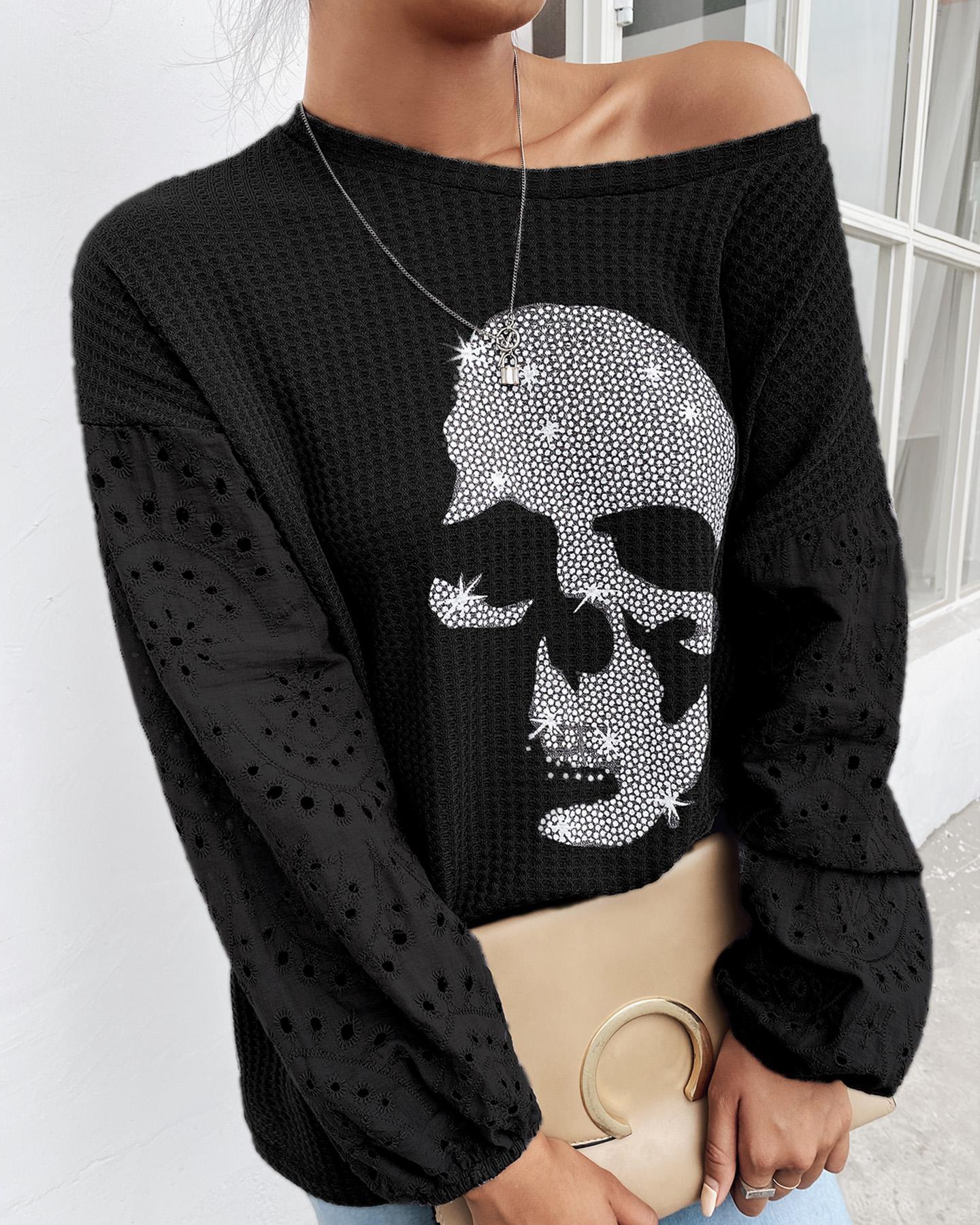 

Glitter Skeleton Lantern Sleeve Top, Black