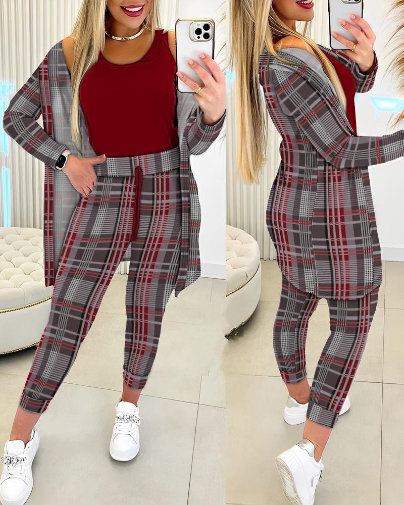 

Tank Top & Plaid Print Drawstring Pants Set With Coat, Wine red