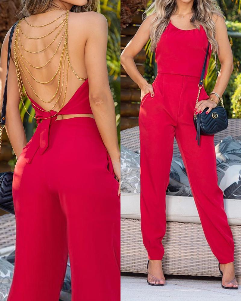 

Chain Decor Backless Top & Pants Set, Red