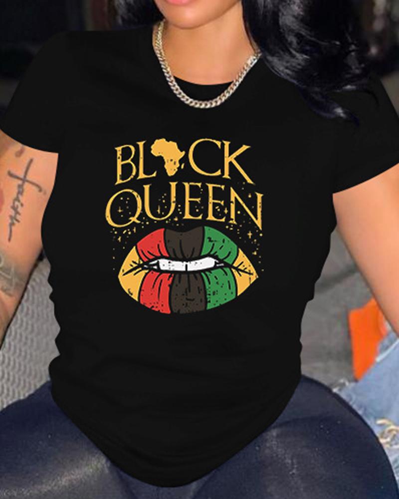 

Round Neck Lip Letter Print Tee, Black