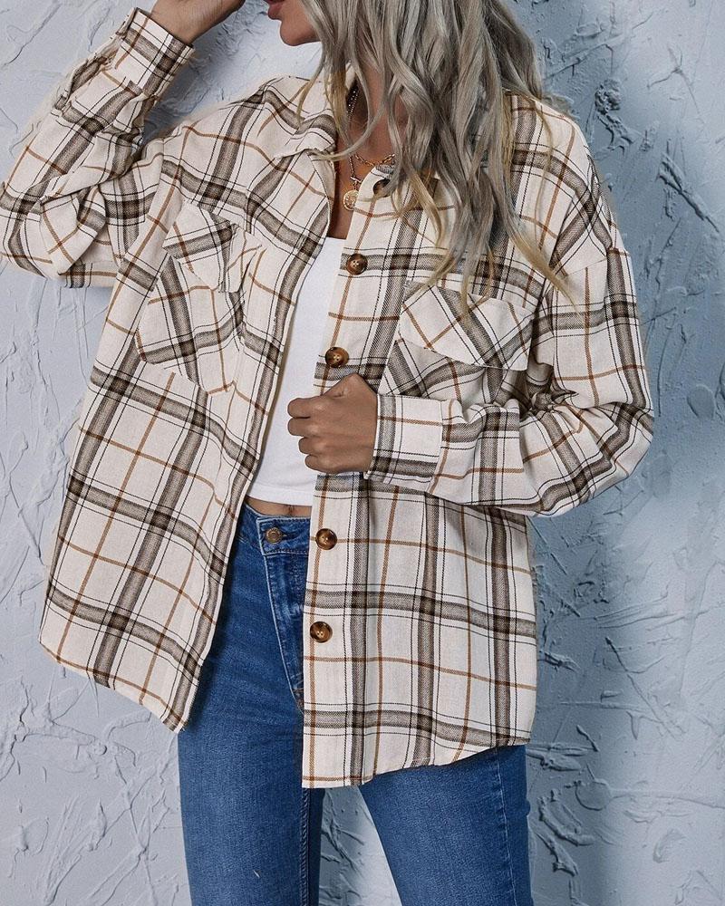 

Plaid Print Flap Detail Button Down Shacket, Apricot