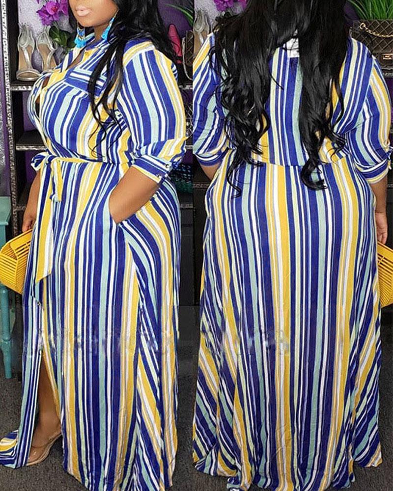 

Plus Size Striped Print Button Down Shirt Dress, Dark blue