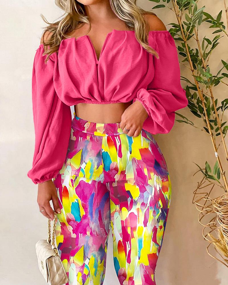 

Off Shoulder Ruched Crop Top & Abstract Print Pants Set, Hot pink
