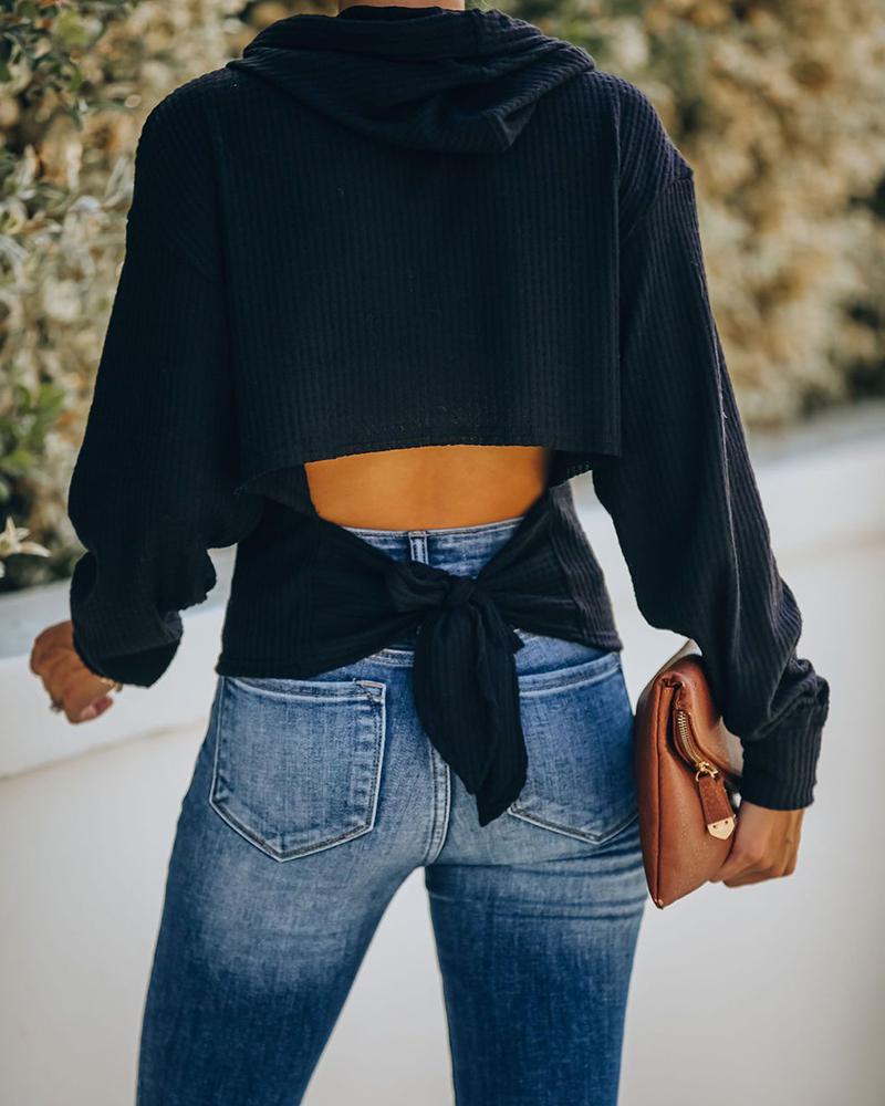 

Solid Long Sleeve Loose Back Lace-up Hoodies Sweater, Black