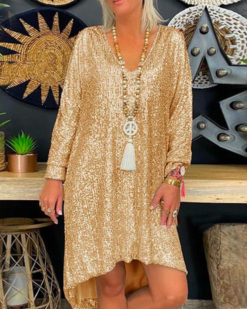 

Long Sleeve Dip Hem Sequin Dress, Gold