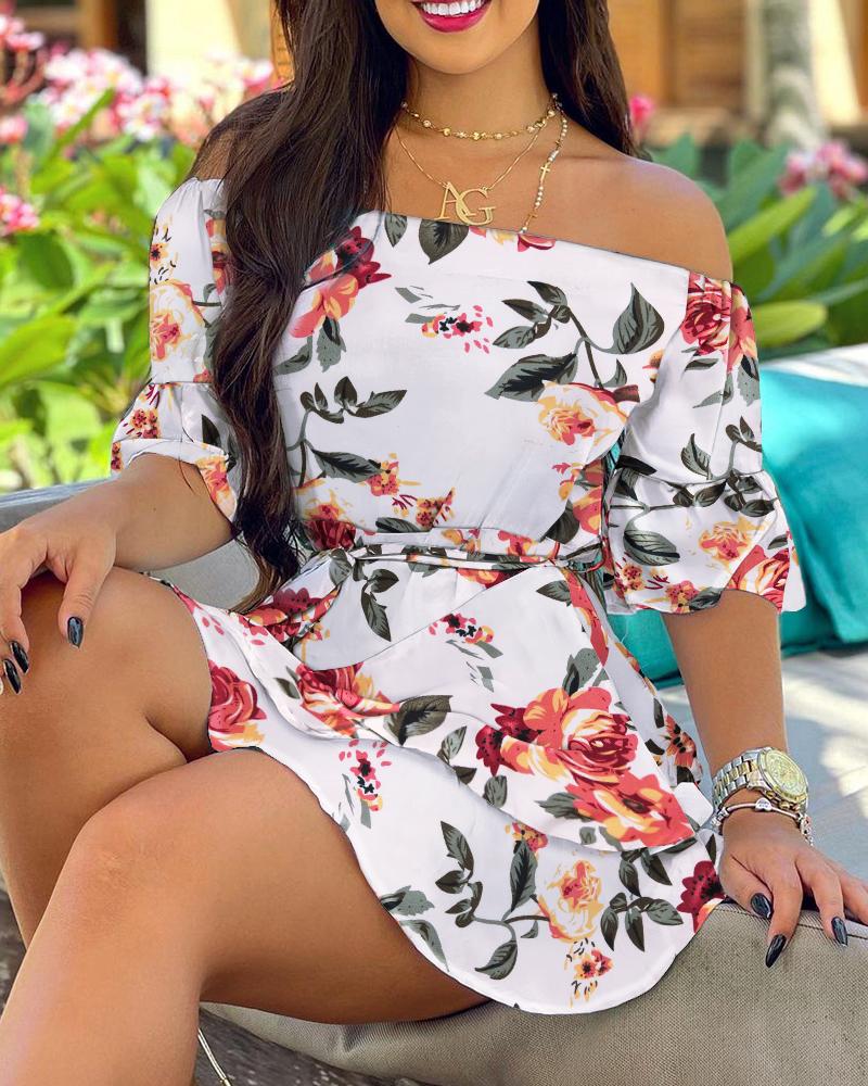 

Off Shoulder Floral Print Casual Dress, White