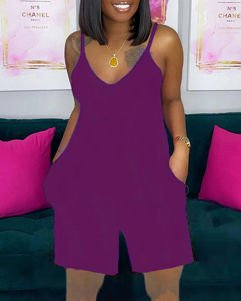 

V-Neck Pocket Detail Spaghetti Strap Romper, Purple