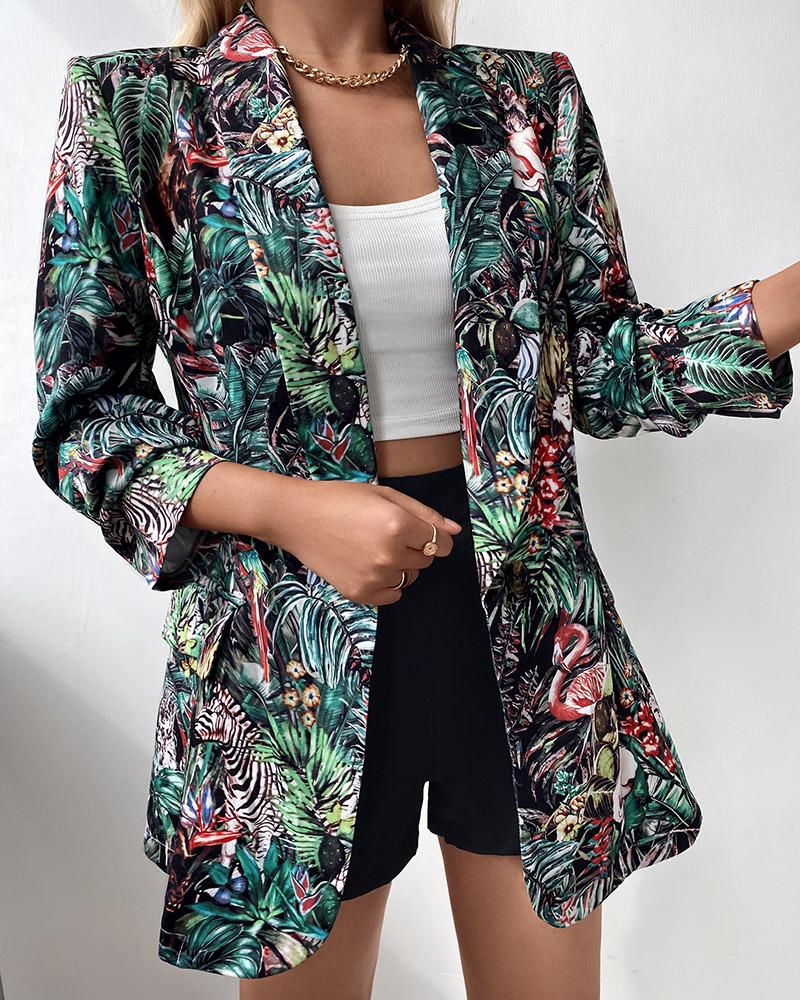 

Long Sleeve Tropical Animal Print Blazer Coat, Green