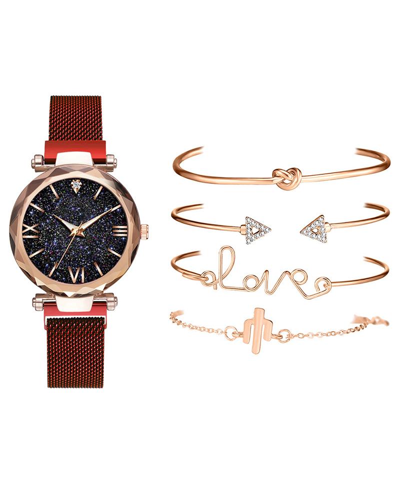 

Glitter Stainless Steel Band Pointer Quartz Watch & Bracelet Set, Red