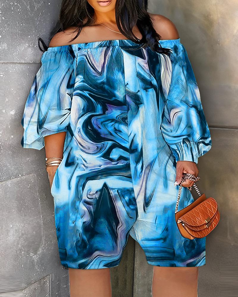 

Plus Size Marble Print Off Shoulder Romper, Blue