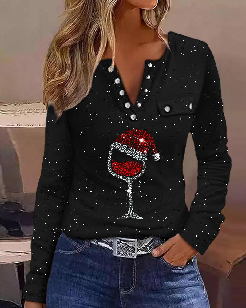 

Christmas Wine Glass Print Glitter Long Sleeve Top, Black