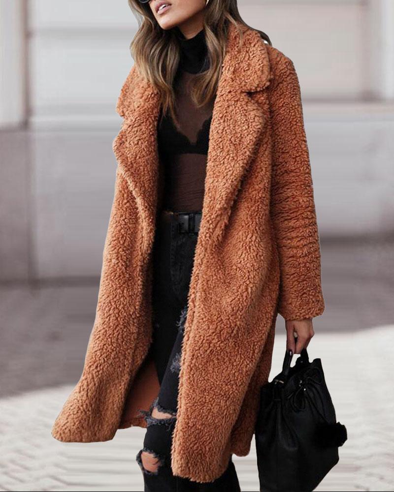 

Plain Long Sleeve Teddy Coat, Brown