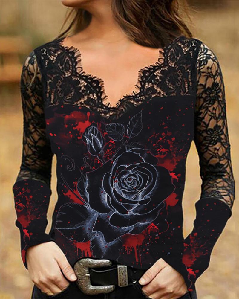 

Halloween Skull Floral Print Contrast Lace Long Sleeve Top, Style3