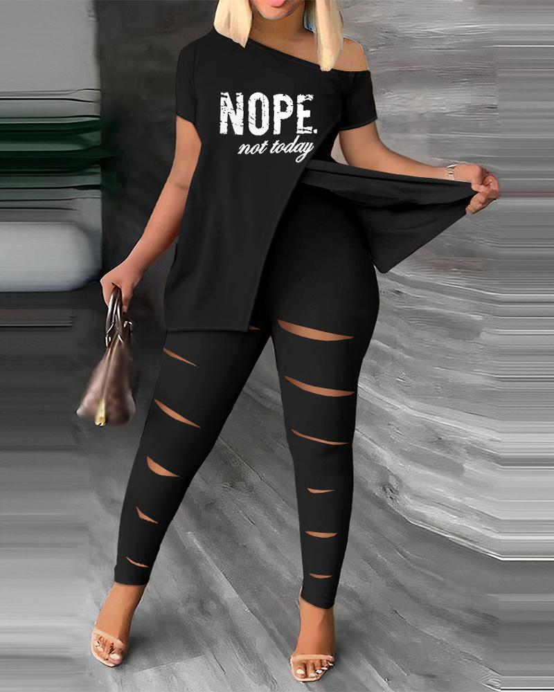 

Nope Not Today Print Split Hem Top & Ladder Cutout Pants Set, Black