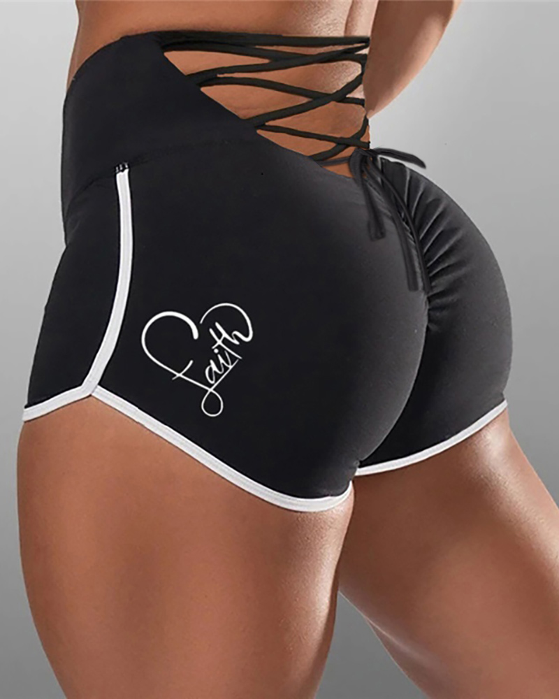 

Letter Heart Print Elasticated Seamless Leggings Scrunch Push Up Yoga Shorts, Black