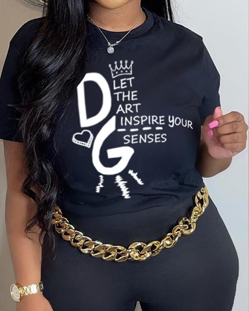 

Slogan Print Crew Neck Casual T-shirt, Black