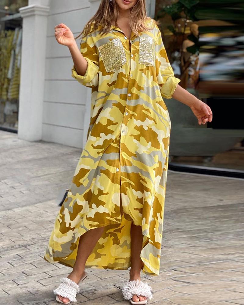 

Camouflage Print Sequins Pocket Design Maxi Dress, Yellow