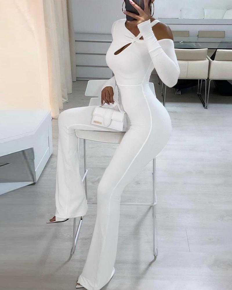 

Long Sleeve Cutout Design Flared Leg Jumpsuit, White