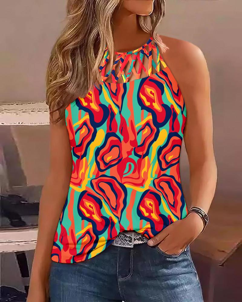 

Multi-Color Abstract Print Hollow Out Tank Top, Multicolor