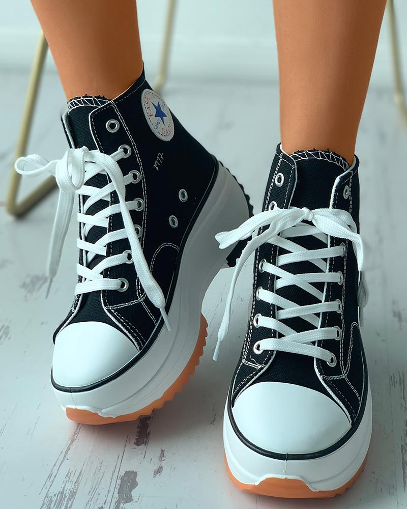 

Eyelet Lace-up Flatform Canvas Sneaker, Black