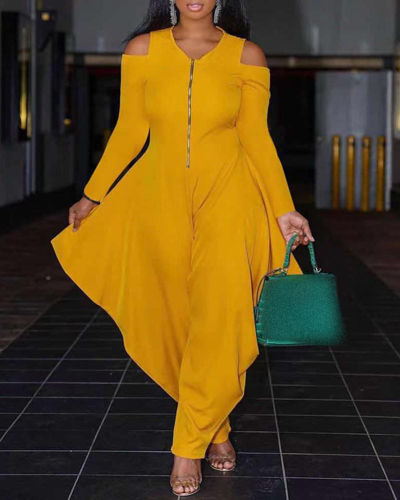 

Cold Shoulder Zip Front Wide Leg Jumpsuit, Yellow