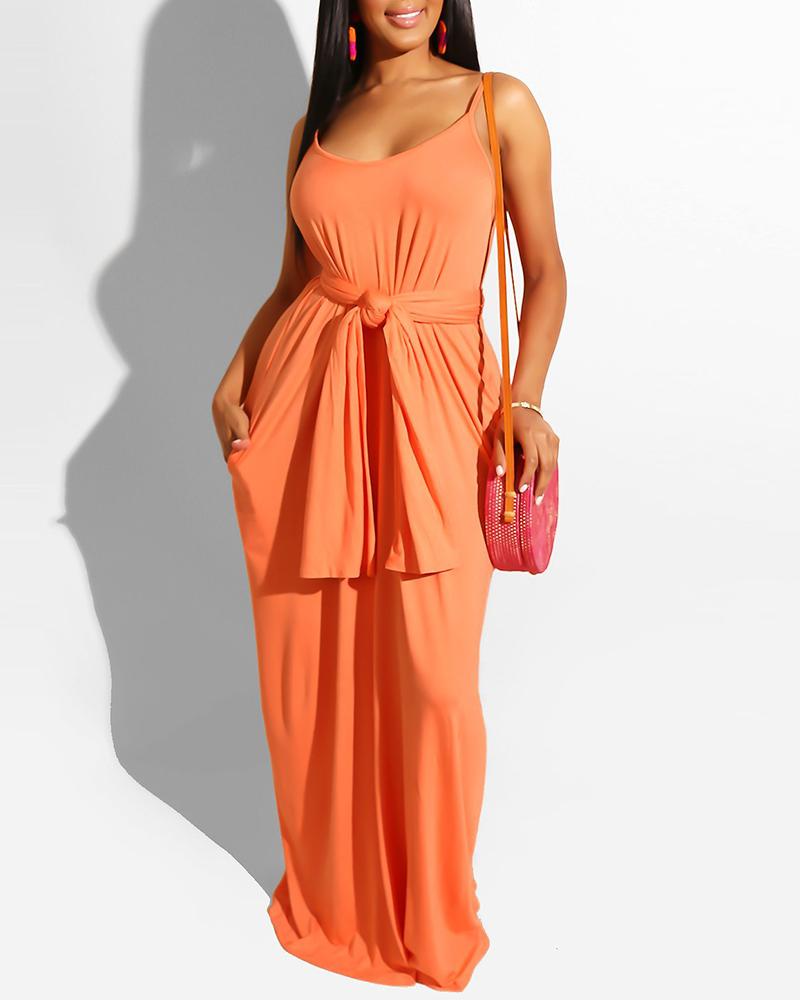 

U-Neck Spaghetti Strap Casual Maxi Dress With Belt, Orange