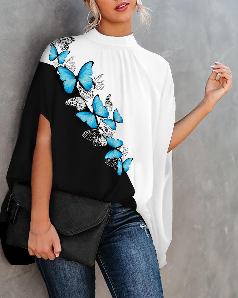 

Butterfly Print Colorblock Batwing Sleeve Cape Design Top, Blackwhite
