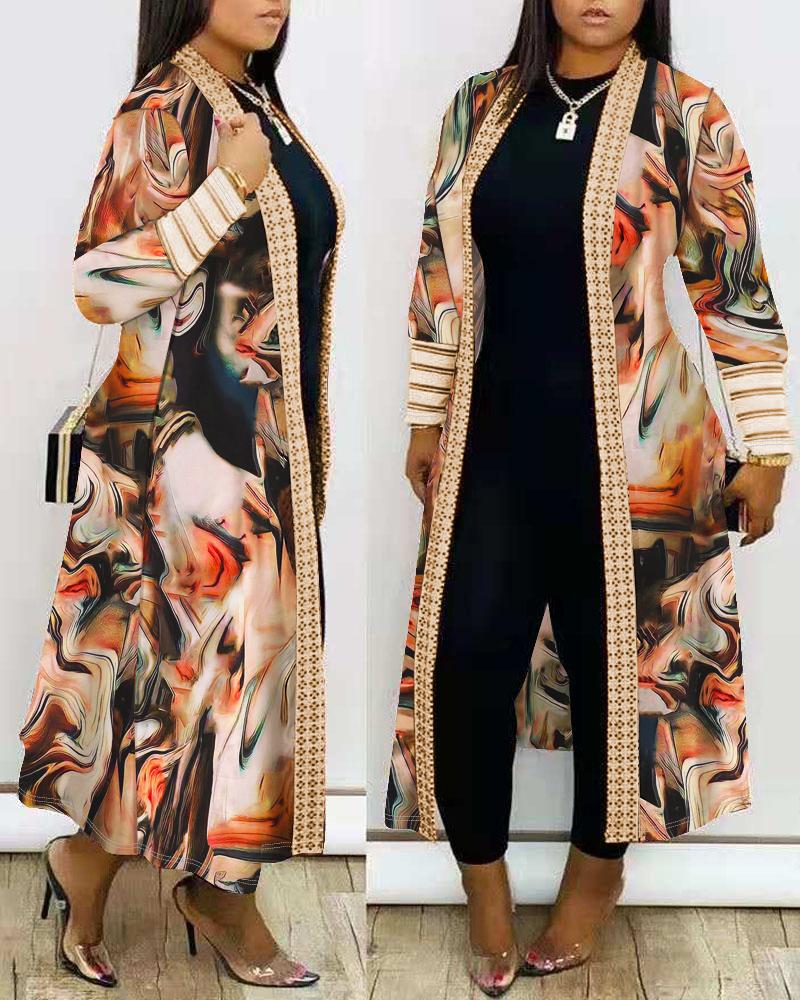 

Plus Size Marble Print Open Front Longline Coat, Apricot