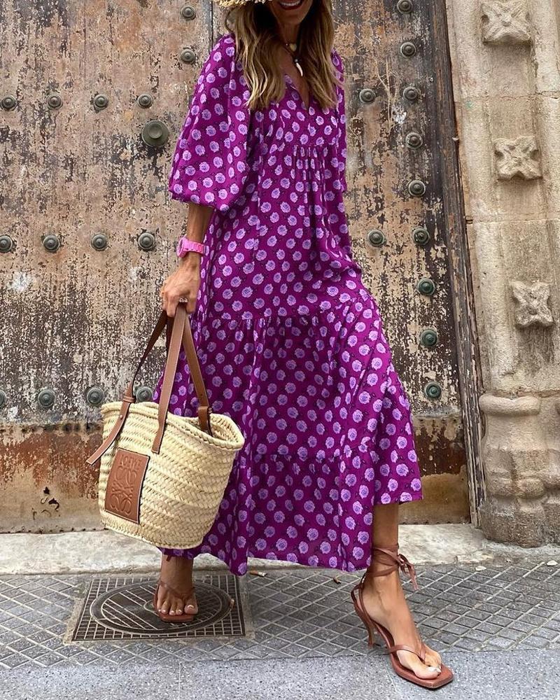 

Tribal Print Lantern Sleeve Maxi Dress, Purple