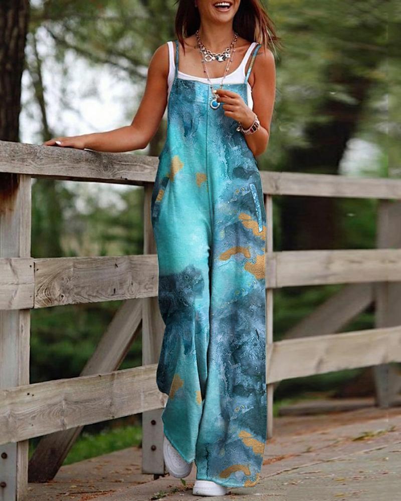 

Marble Print Casual Suspender Jumpsuit, Blue
