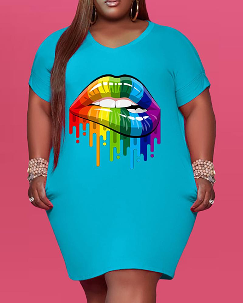 

Lip Print Short Sleeve T-shirt Dress, Blue