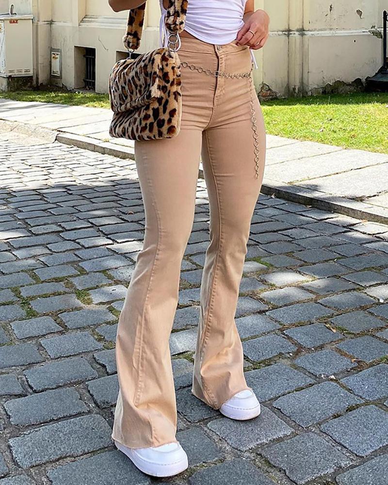 

High Waist Plain Flared Jeans, Khaki