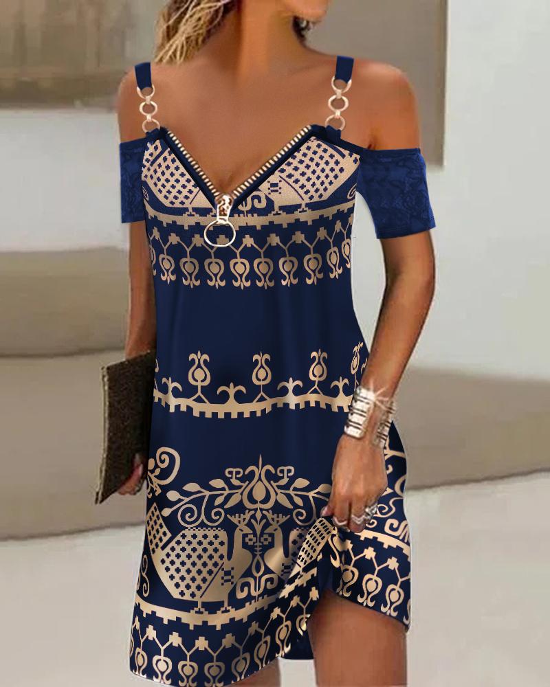 

Tribal Print Contrast Lace Cold Shoulder Casual Dress, Purplish blue