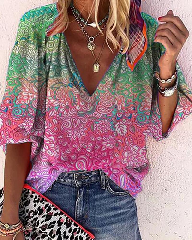 

Floral Print Colorblock Long Sleeve Top, Pink