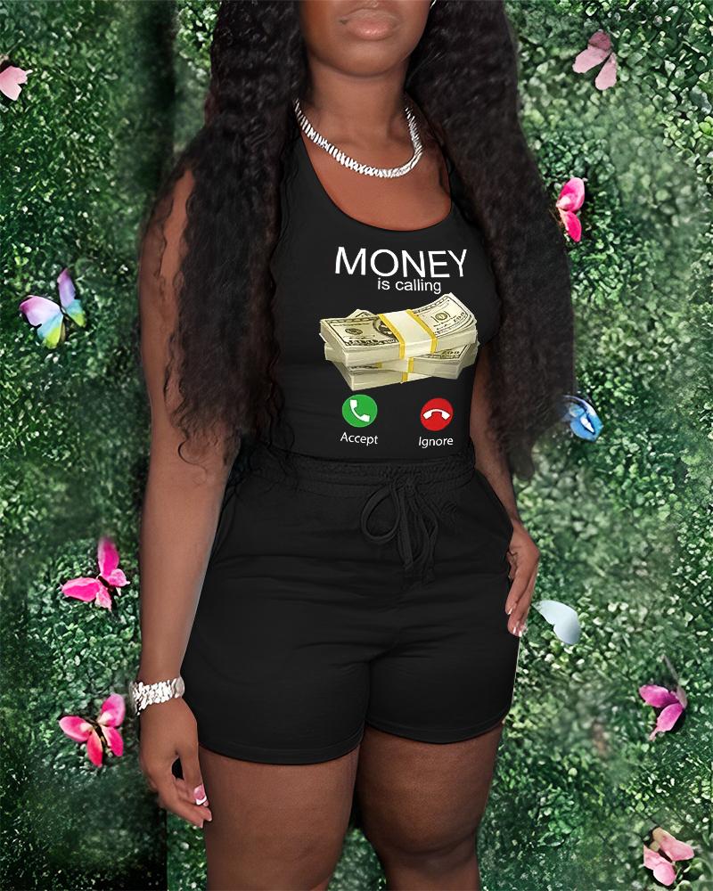 

Money Is Calling Print Basic Tank Top & Drawstring Shorts Set, Black