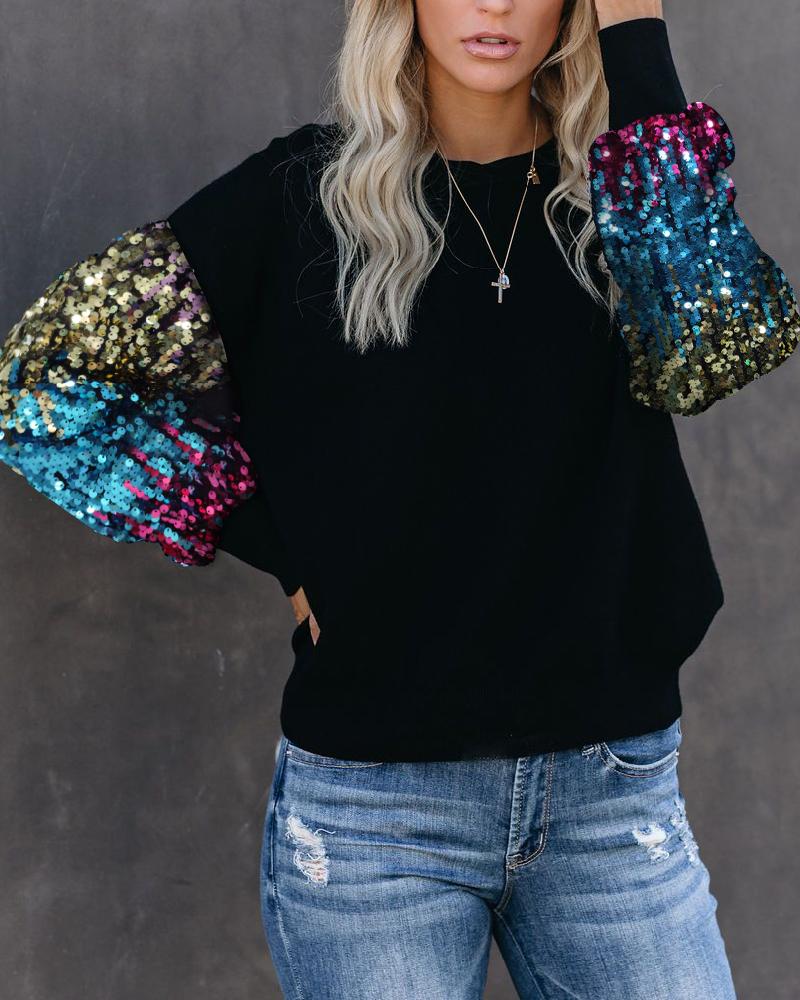 

Crew Neck Sequined Sleeve Pullover, Black