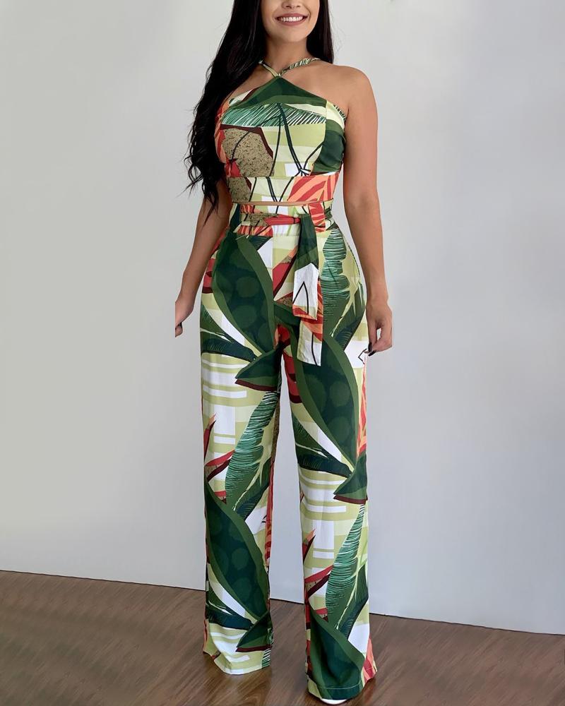

Tropical Print Halter Top & Tied Detail Pants Set, Green