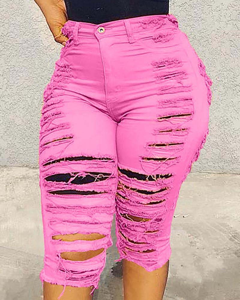 

Solid Color Ripped High Waist Pant, Hot pink