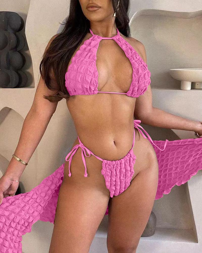 

3PCS Bubble Textured Bikini Set With Cover Up Skirt, Hot pink