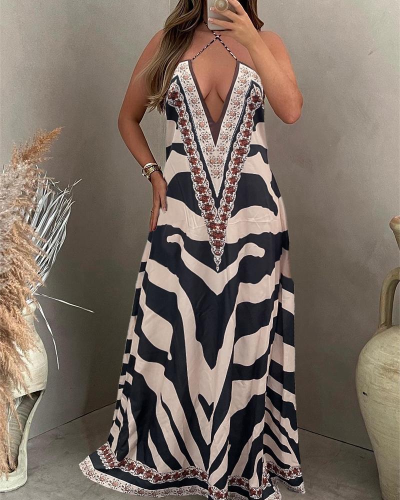

Tribal Abstract Print Plunge Maxi Dress, Black